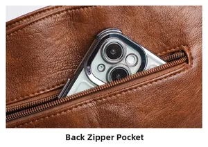 Close-up of the back zipper pocket on the brown leather bucket bag with a smartphone