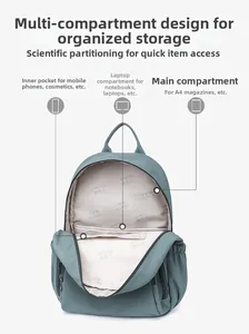 Vue intérieure du sac à dos en nylon turquoise avec rangements multiples et compartiment PC