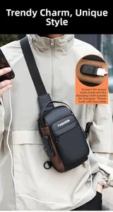 Detail of cross-body bag featuring anti-theft combination lock and USB charging port