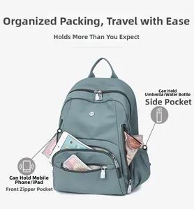 Vue détaillée du sac à dos en nylon vert imperméable montrant sa grande capacité de rangement