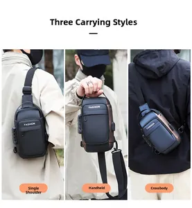 Mens anti-theft chest bag shown in three carrying modes: shoulder, handheld, and crossbody