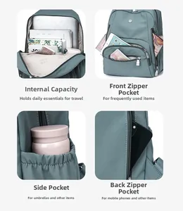 Détails multi-poches du sac à dos en nylon vert montrant la capacité et la poche antivol au dos