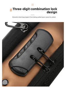 Detail of three-digit anti-theft combination lock and fabric texture on men's chest bag