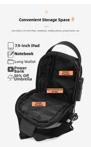 Detail view of the interior compartment for a 7.9-inch iPad and anti-theft lock on chest bag