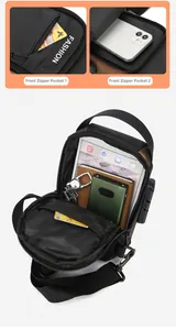 Detail of men's anti-theft chest bag with combination lock and large capacity main compartment