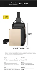 Detailed size chart for anti-theft crossbody bag showing 24x14x10cm dimensions and 7.9-inch iPad