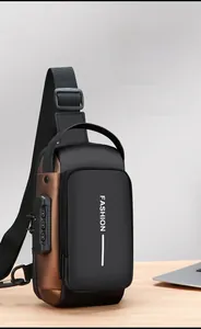 Detailed side view of the anti-theft combination lock on a black crossbody chest bag