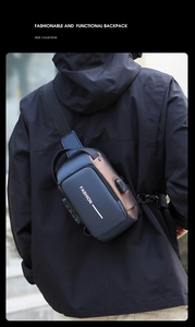 Detail of crossbody chest bag featuring USB port and integrated anti-theft combination lock