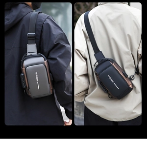 Detail of anti-theft combination lock and USB charging port on waterproof chest bag