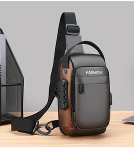 Macro detail of men's anti-theft chest bag featuring mechanical password lock and PU leather