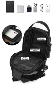 Detail view of the interior storage and USB charging port of the black crossbody chest bag