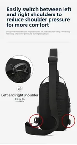 Detail of breathable honeycomb mesh back pad and switchable D-buckle on black chest bag