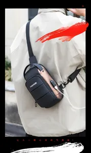 Close-up of men's crossbody chest bag featuring external USB port and anti-theft lock