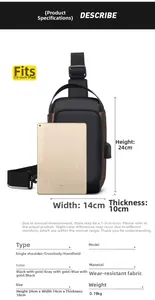 Detailed size chart of men's anti-theft chest bag showing 24x14x10cm dimensions