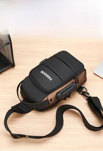 Detail of waterproof crossbody bag featuring a digital combination lock and fashion logo