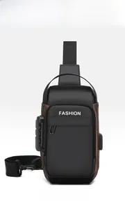 Detail of anti-theft chest bag featuring integrated code lock and external USB charging port