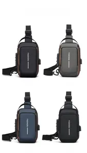 Detail showing four waterproof crossbody bags with USB charging ports and TSA locks