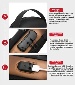 Detail of men chest bag with anti-theft combination lock and USB charging port