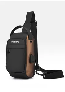 Side view of multi-functional sling bag showing USB charging port and mixed textures