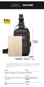Detailed dimensions of waterproof black men's chest bag showing size and USB port