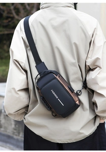 Close-up of anti-theft combination lock and external USB charging port on chest bag