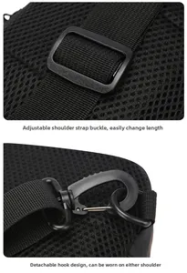 Detail of adjustable nylon strap with durable buckle and breathable mesh on back of bag