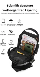 Detailed view of waterproof men chest bag with anti-theft lock and USB charging port