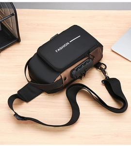 Detail of waterproof chest bag featuring anti-theft combination lock and fashion print