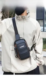 Detail of multi-functional men chest bag with anti-theft combination lock and strap