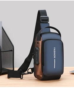 Detail of blue anti-theft chest bag featuring security lock and USB charging port