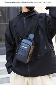 Detail of waterproof chest bag with side anti-theft lock and USB port for men