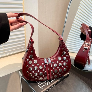 Women Punk Style Hobo Underarm Bag PU Leather With Silver Rivets Double Zipper Trendy Casual Shoulder Handbag