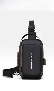 Detail of chest bag showing the security combination lock and external USB charging port