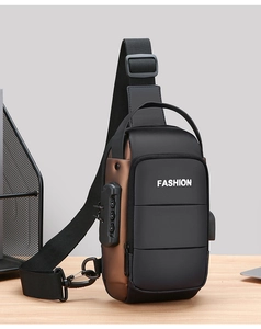 Detail of men's waterproof crossbody chest bag with anti-theft lock and USB port