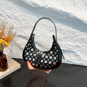 Black hobo shoulder bag with silver studs and double zipper in polished leather finish