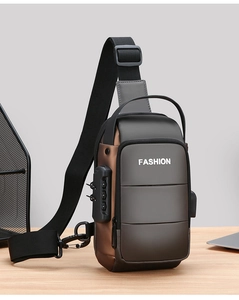 Detailed view of dark grey anti-theft chest bag featuring a secure 3-digit combination lock