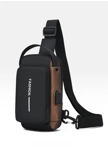 Detail view of anti-theft chest bag featuring USB port and dual-tone waterproof fabric