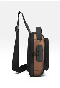Detail of anti-theft sling bag with a three-digit combination lock and mesh back panel