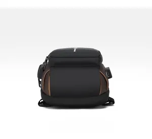 Detail view of anti-theft chest bag bottom featuring external USB port and lock hook