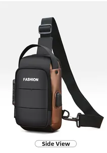 Detail view of anti-theft chest bag featuring a digital combination lock and USB port
