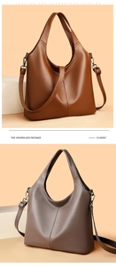 Detail of minimalist leather tote bags in brown and grey with textured finish