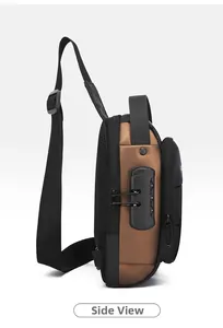 Side view of anti-theft men's chest bag showing three-digit combination lock and durable fabric