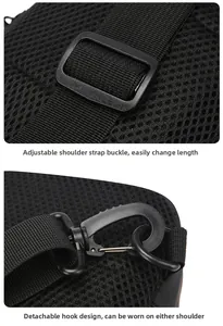 Detail of adjustable strap with swivel hooks and breathable mesh on black crossbody bag