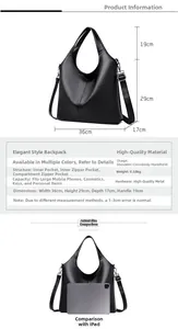 Detailed size chart for black pebble leather tote bag with iPad scale comparison