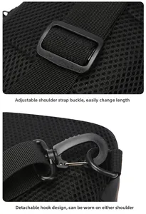 Detail of adjustable shoulder strap, detachable hook and breathable mesh back of chest bag