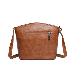 Retro brown multi-layer bucket shoulder bag with adjustable strap and textured leather finish