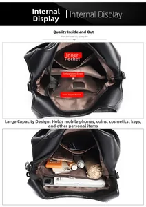 Detailed interior of black pebbled crossbody bag showing large capacity and multi-pockets