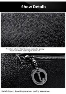 Macro view of black lychee grain leather texture and metallic zipper detail on shoulder bag