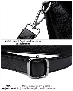 Detail of dark gunmetal swivel hook and adjustable buckle on black leather strap