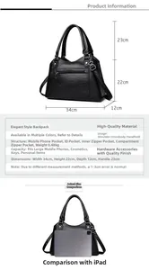 Detailed view of black pebble leather tote dimensions and size comparison with an iPad
